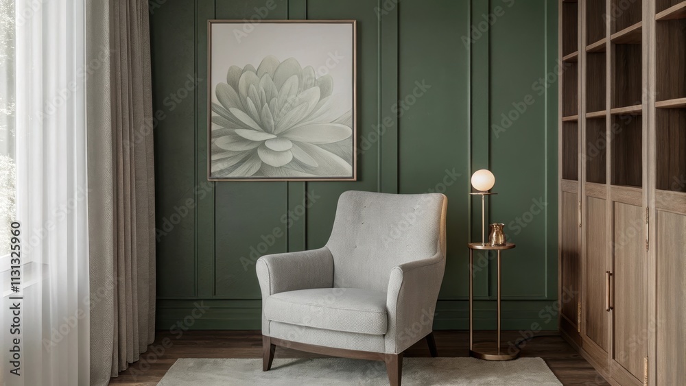 Poster a cozy reading nook featuring a deep green accent wall adorned with a large framed botanical print. 