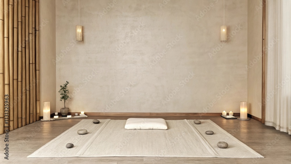 Aufkleber A tranquil meditation space with soft beige walls and a simple plush mat at the center. Natural elements such as bamboo and smooth stones are arranged thoughtfully while gentle