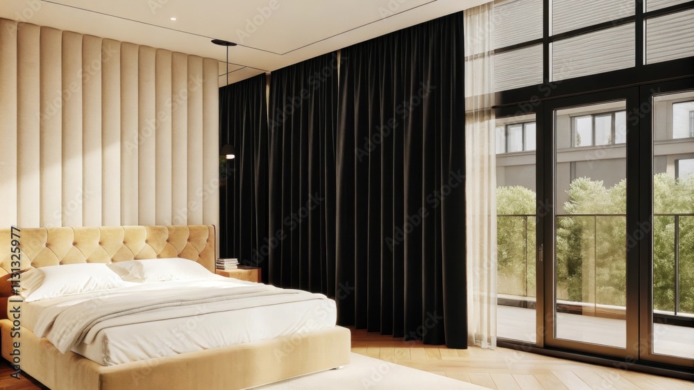 Poster a tranquil bedroom boasting soft white linens layered on a kingsized bed paired with a subtle champa