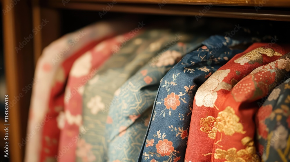 Poster close up of neatly folded traditional textiles displayed in a wooden closet showcasing intricate pat