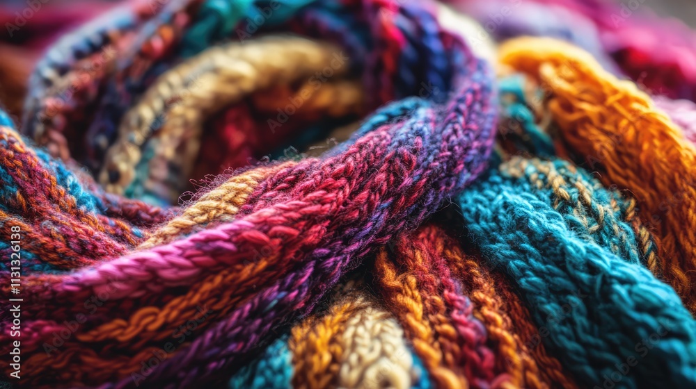 Fototapete Colorful knitted wool scarf with intricate patterns and textures displayed with large knitting needles on a textured background