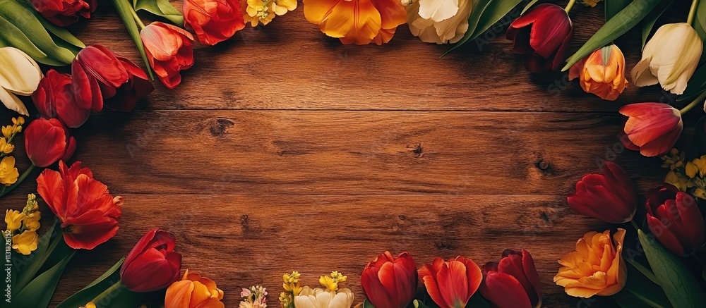 Aufkleber vibrant tulip flowers arranged on a rustic wooden table creating a beautiful frame with ample copy s