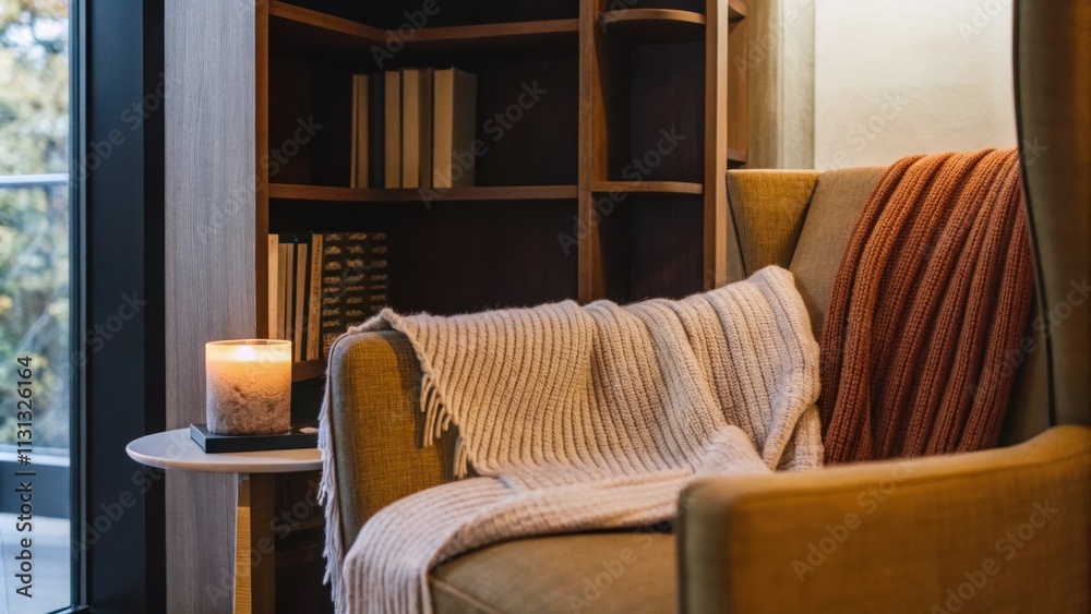 Poster a cozy reading nook with a deep armchair upholstered in warm earth tones nestled beside a tall books