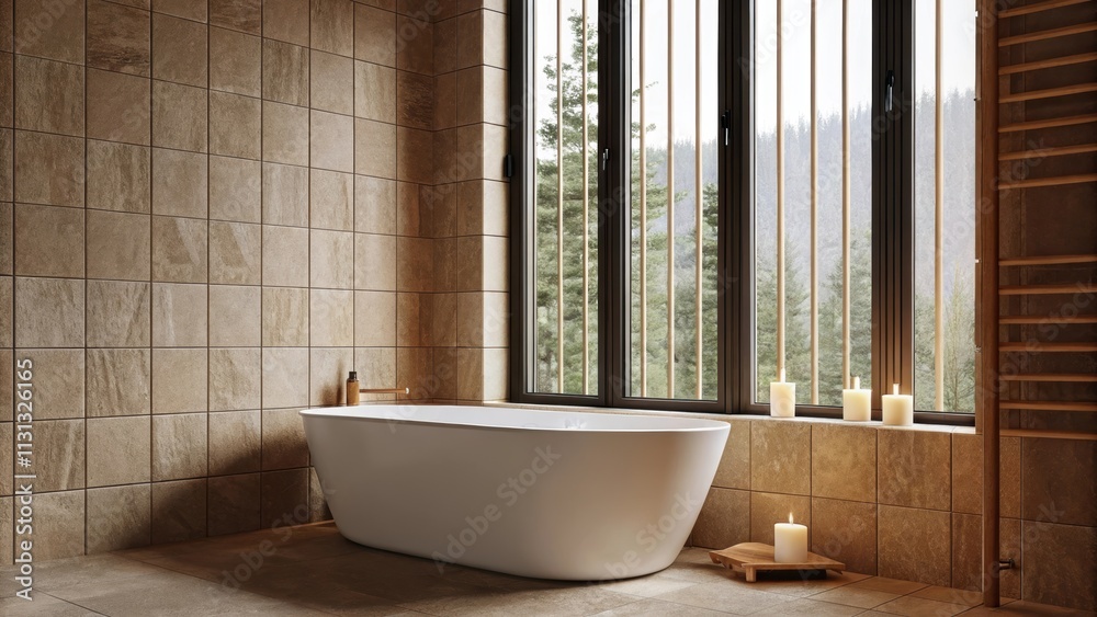 Aufkleber A serene bathroom featuring a freestanding soaking tub positioned beneath a large window. Earthy stone tiles surround the tub and scented candles are p on a ledge creating a