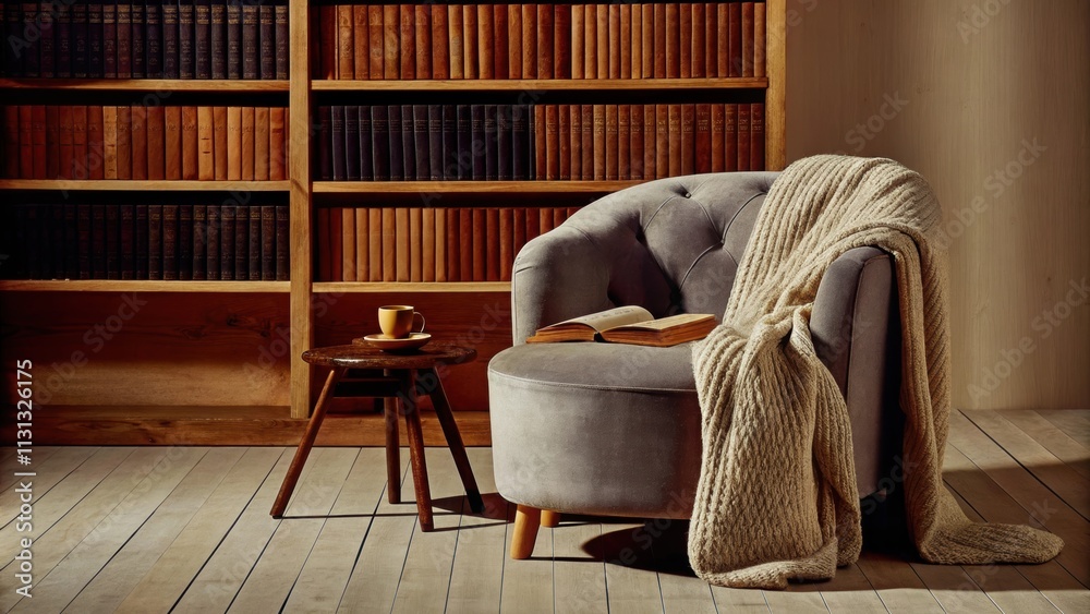 Poster A cozy reading nook with a plush armchair in soft gray nestled beside a floortoceiling bookshelf filled with curated books. A small side table holds a steaming cup of tea and soft