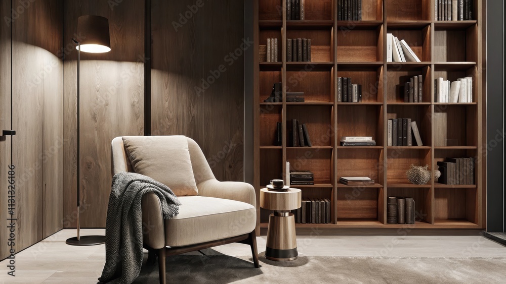 Poster A reading nook is defined by a plush armchair in muted tones nestled beside a tall bookshelf filled with wellloved volumes. A soft throw and a small side table holding a steaming