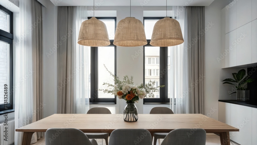 Poster A trendy dining area includes a smooth oak table surrounded by simple chairs. Above hangs a statement pendant light made of natural materials and a bouquet of wildflowers brings a