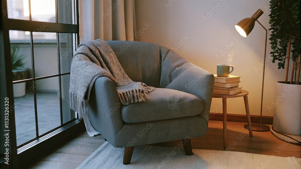 Poster A cozy reading nook featuring an oversized armchair in cozy fabric nestled by a large window with subtle curtains. A small side table holds a stack of books and a steaming mug