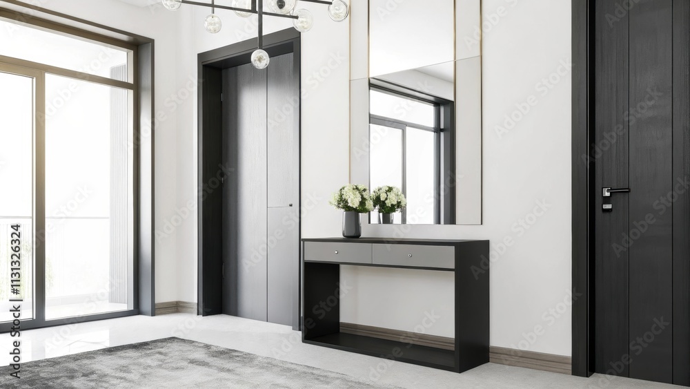 Poster A stylish entryway that greets with a subtle charm showcasing a sleek minimalist console table adorned with a small vase of fresh flowers. A large mirror reflects the light from
