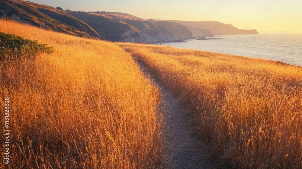 Poster coastal hiking trail through golden grass meadows illuminated by morning light creating a tranquil s