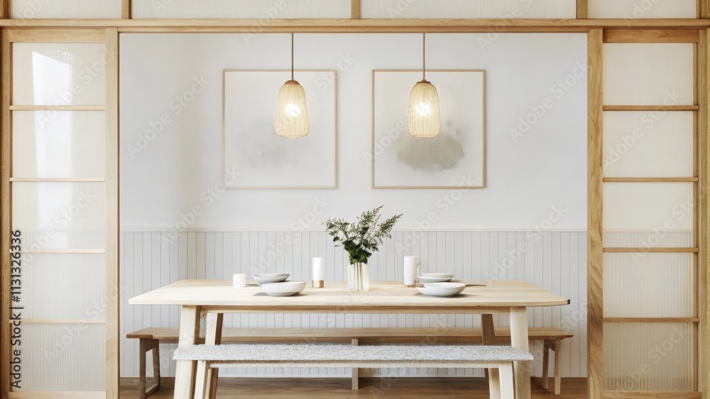 Aufkleber A serene dining area with a light wooden table set for two featuring simple white dishware and a modest centerpiece of fresh flowers. The space is illuminated by warm pendant