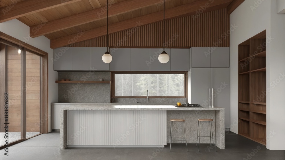 Poster An inviting kitchen designed in a clean open layout showcasing minimalist cabinetry in soft hues and a spacious island clad in light stone. Pendant lights provide warm illumination