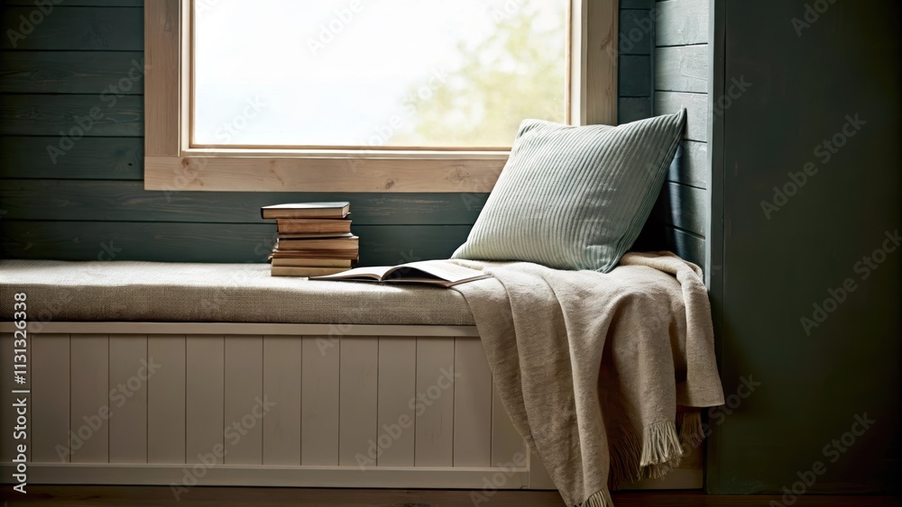 Poster A cozy nook with a window seat cushioned in soft textiles lined with a few curated books and a warm throw. Natural light streams in highlighting the simplicity of the space and the