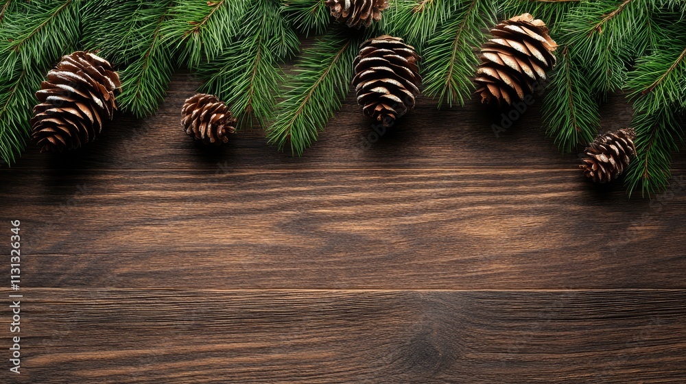 Aufkleber Festive pinecones and evergreen branches on rustic wooden background for a cozy Christmas table setting and holiday decorations