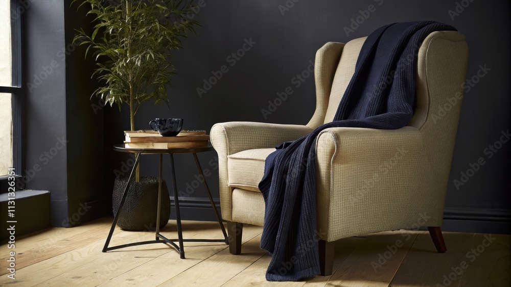 Poster A peaceful reading nook by the window featuring a plush armchair with a soft blanket draped over it. A small round side table holds a cup of herbal tea and a stack of books. A tall