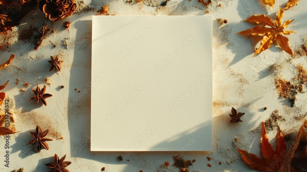 Poster Autumn composition with blank sheet of paper surrounded by colorful leaves and spices on a light background for creative presentations