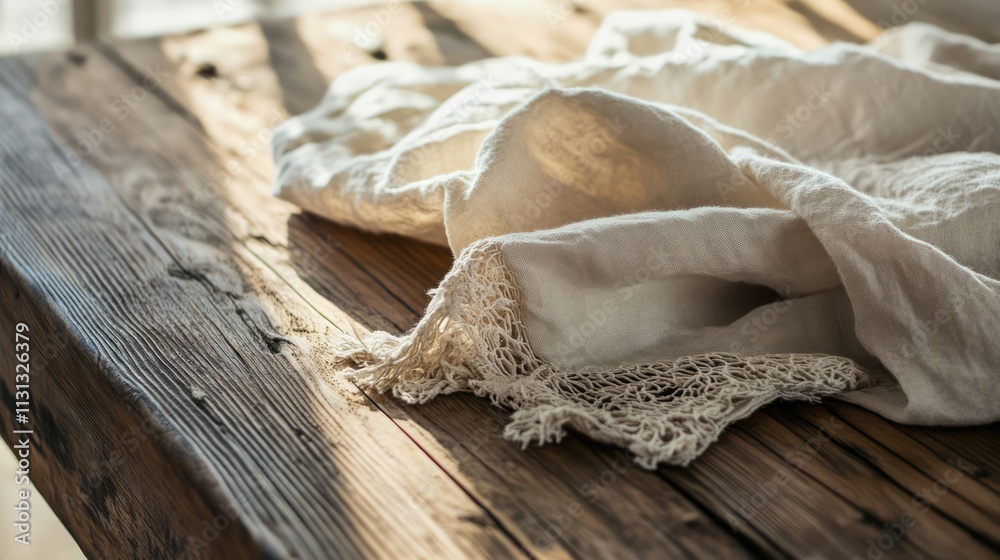 Aufkleber linen tablecloth draped on rustic wooden table texture in soft natural light enhancing warm atmosphe