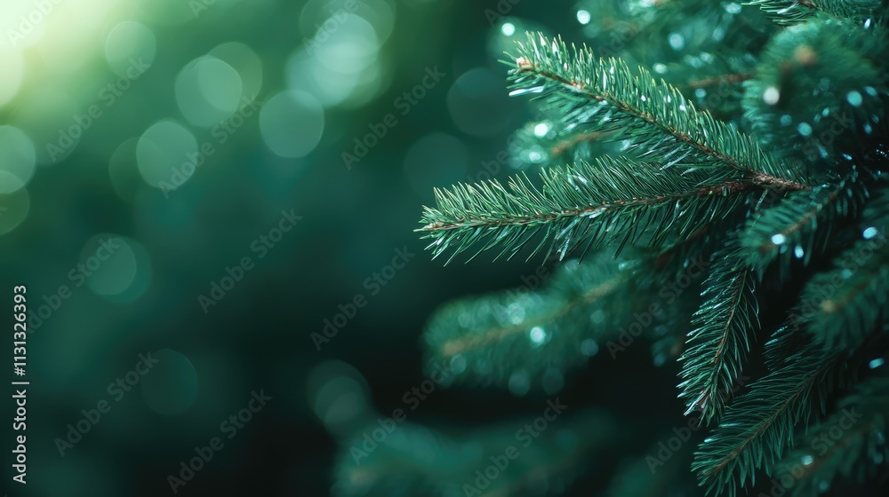 Poster Christmas tree branches background with soft focus and bokeh effect creating a serene and festive atmosphere for holiday designs