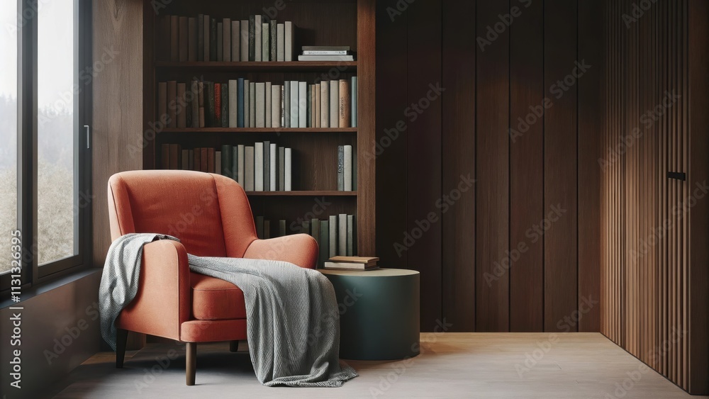 Aufkleber A tranquil reading nook nestled in a corner with a low wide armchair upholstered in a muted tone and a small round side table crafted from dark wood. A bookshelf filled with neatly