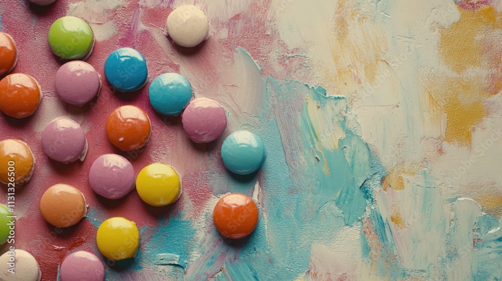 Aufkleber Colorful candy smarties arranged artistically on a vibrant abstract background creating a playful and cheerful visual effect
