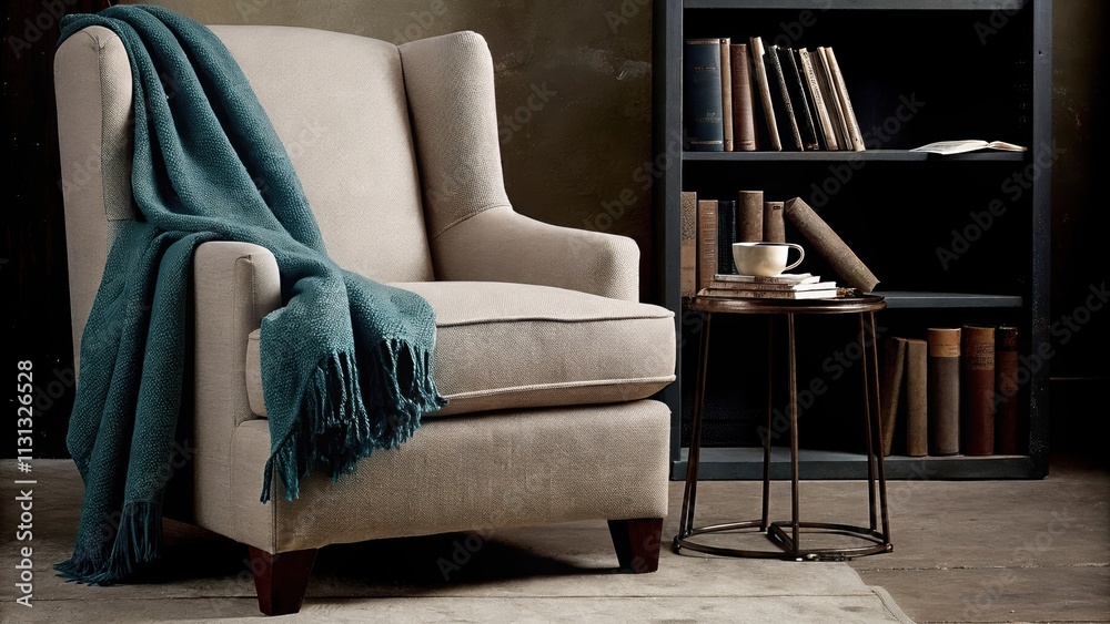Poster a cozy reading nook featuring a plush armchair upholstered in a muted fabric a soft throw blanket dr
