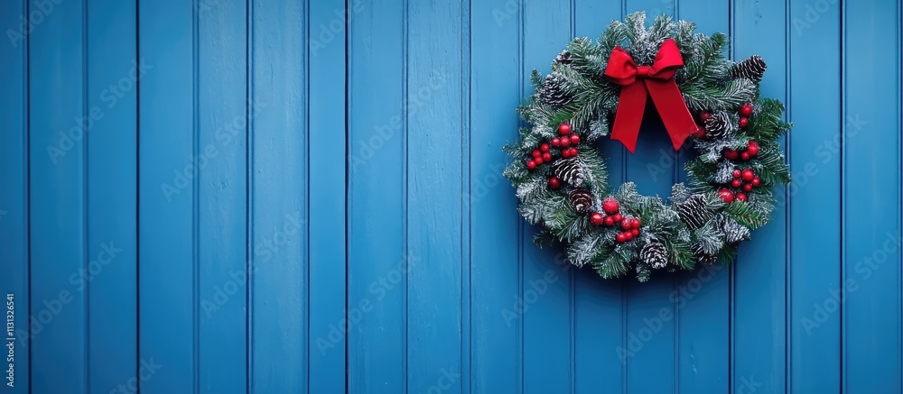Poster christmas wreath adorned with red bow on blue barn door creating a festive scene with ample copy spa