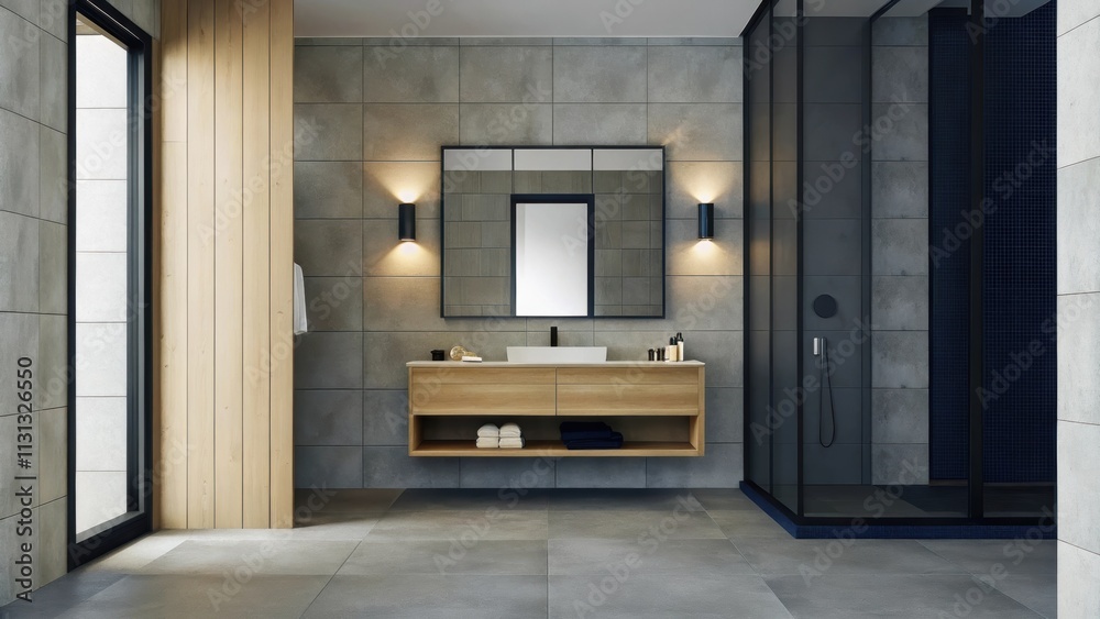 Poster a modern bathroom boasting smooth lightcolored stone tiles and a floating vanity in warm maple wood.