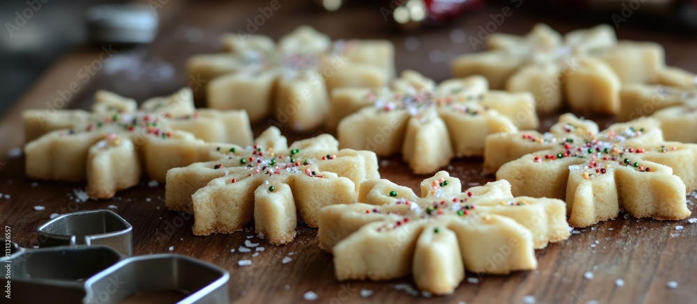 Poster snowflake-shaped christmas shortbread cookies with colorful sprinkles and cookie cutters on a wooden