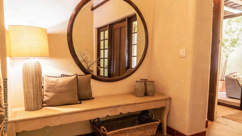 Poster A charming entryway with a light oak bench a round mirror reflecting the soft light from a nearby window and a small collection of neutraltoned decorative items adding a touch of
