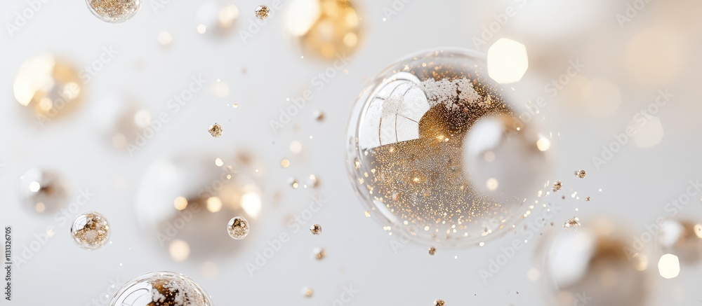 Poster Elegant Christmas ornaments and bubbles with a soft golden hue on a light background creating a festive and joyful atmosphere.