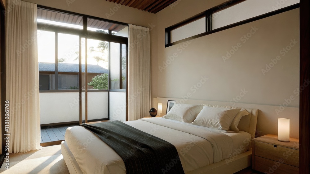 Poster a serene bedroom with a lowprofile bed dressed in crisp white linens and a single gray throw blanket
