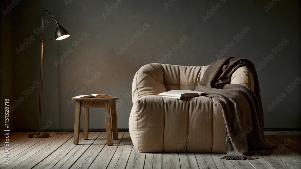 Poster a cozy reading nook with a plush oversized chair and a simple wooden side table. a warm throw blanke