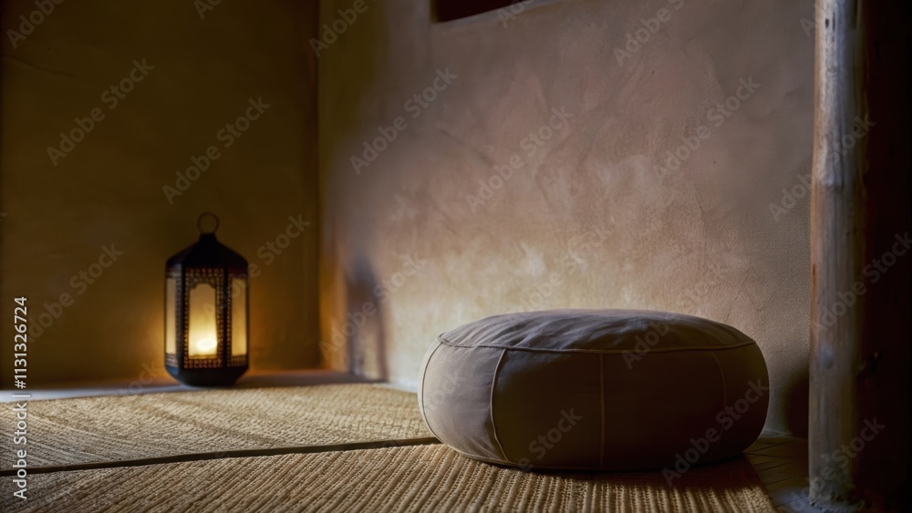 Poster a snug meditation corner with a round cushion on a natural fiber rug. soft lighting from a nearby la