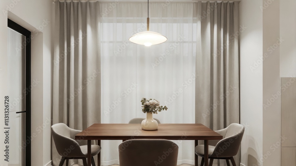 Poster A minimalist dining area showcasing a simple wooden table surrounded by four sleek armless chairs. A delicate pendant light hangs above illuminating a single ceramic vase with