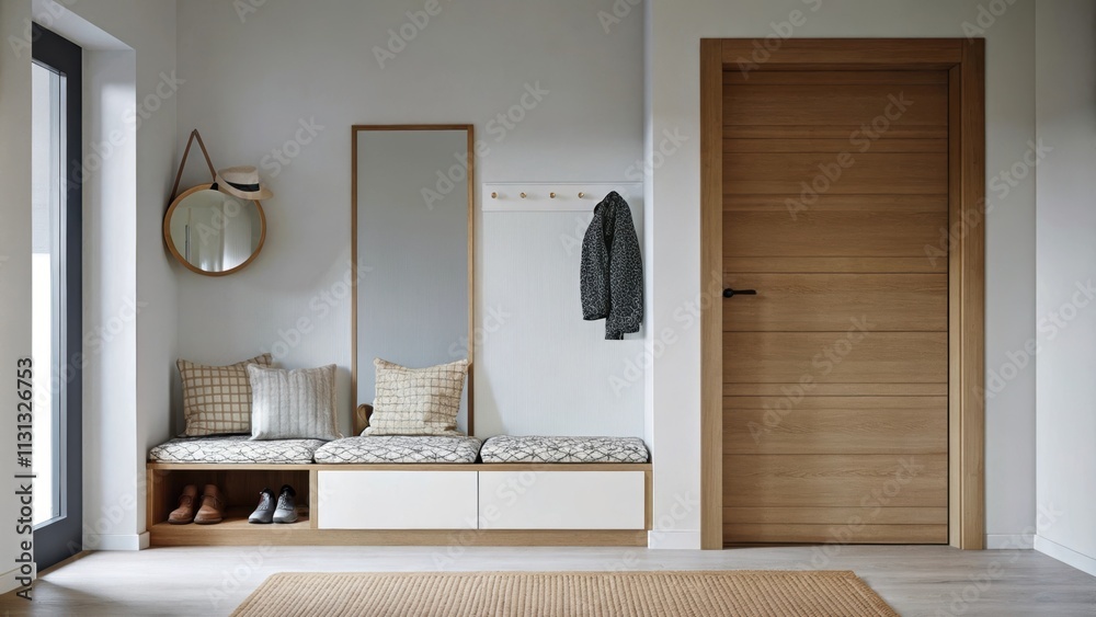 Poster an entryway defined by a simple bench adorned with a couple of decorative cushions. a single wall mi