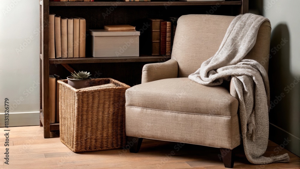 Poster A cozy reading nook with a plush armchair nestled beside a floortoceiling bookshelf a woven basket filled with soft blankets and a small side table with a growing succulent perfect