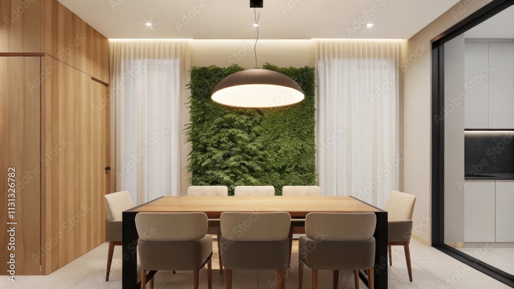 Poster An airy dining area dominated by a rectangular wooden table surrounded by upholstered chairs with a statement pendant light hanging above and a wall of greenery providing a natural