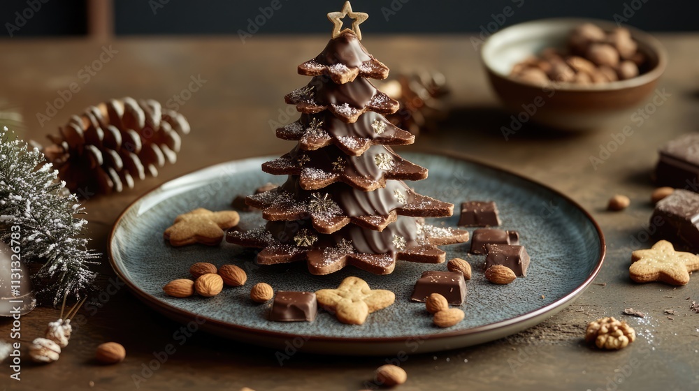 Poster Festive chocolate Christmas tree centerpiece with nuts and gingerbread cookies on a rustic table setting