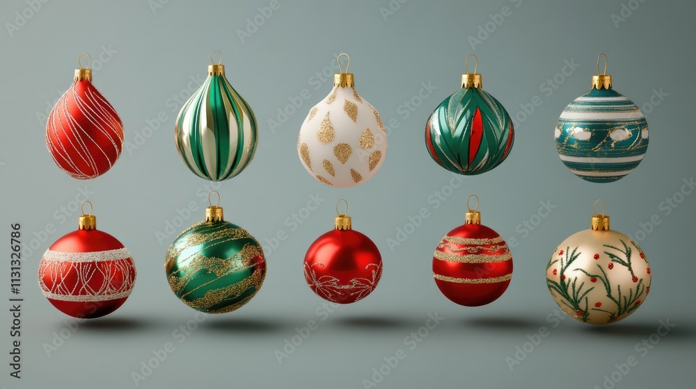 Poster colorful christmas ornaments arranged in a row on a muted background showcasing festive decorations 