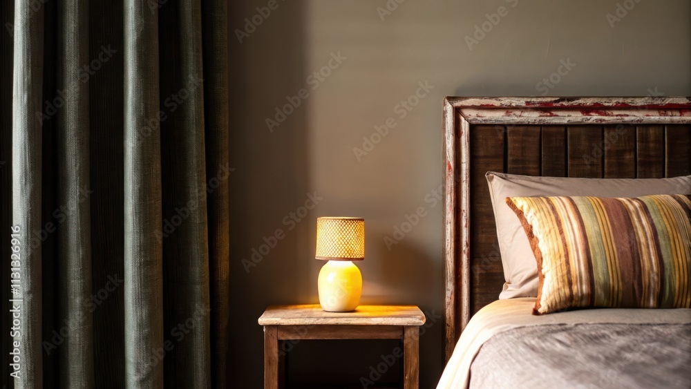 Poster an inviting bedroom featuring a rustic headboard made of reclaimed wood complemented by taupe beddin