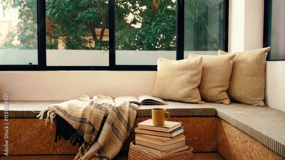 Poster a tranquil reading nook with a large window seat surrounded by lush greenery outside. earthtoned cus