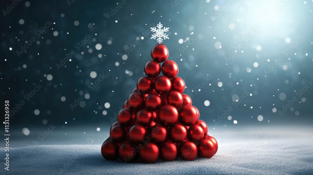Poster Red Christmas tree composed of shiny ornaments topped with a snowflake against a snowy background and soft glowing light.