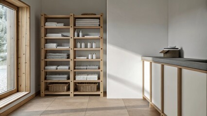 An airy laundry room featuring open shelving made from reclaimed pallets displaying ecofriendly detergents and neatly folded linens. A simple countertop allows for sorting while a