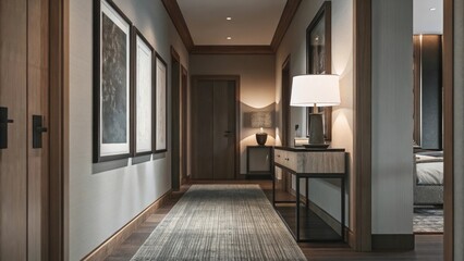 A stylish hallway blends neutral tones with a textured runner rug framed artwork in understated shades and a narrow console table holding a single lamp creating an inviting