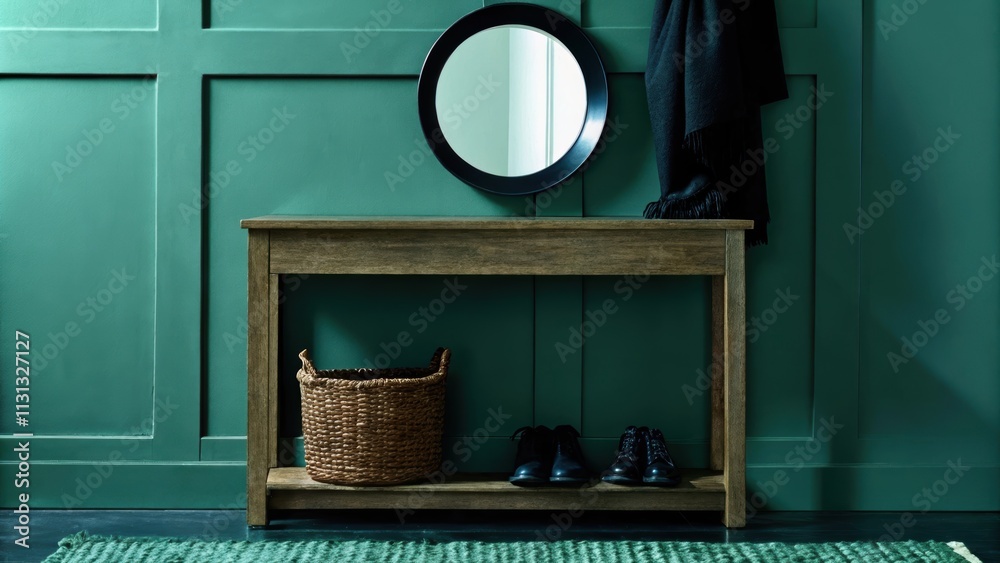Poster a welcoming entryway featuring a wooden console table against a light olive green wall. a round mirr
