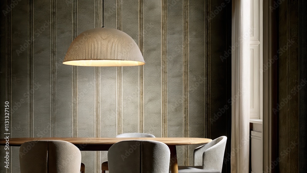 Poster an elegant dining area with a simple wooden table surrounded by unadorned chairs. a stunning oversiz