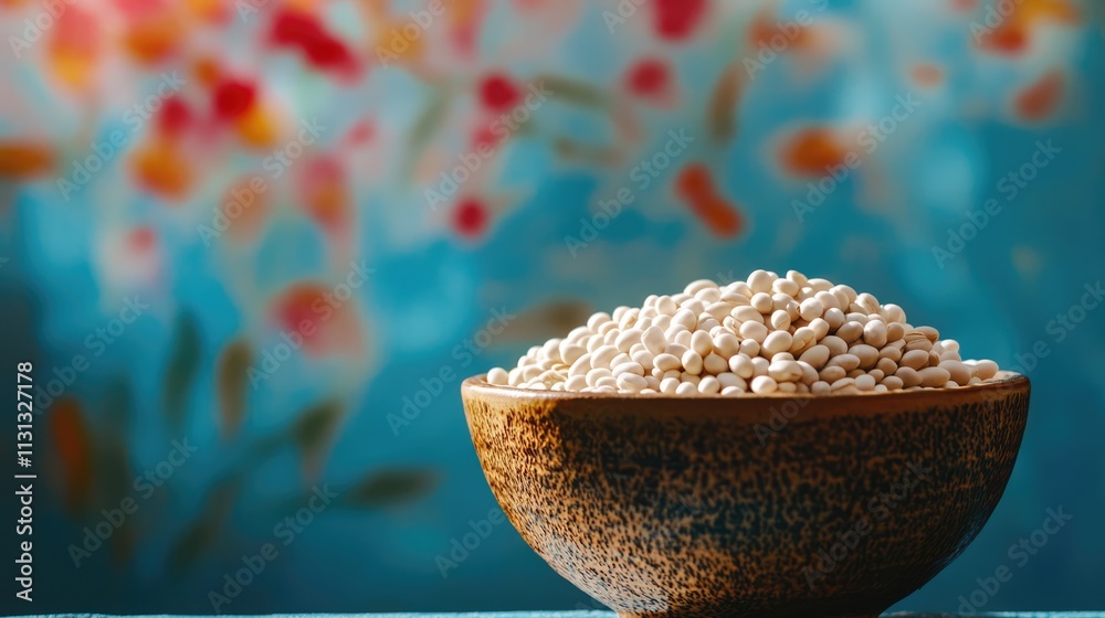 Poster closeup of white beans in a rustic bowl against a colorful blurred background showcasing natural tex