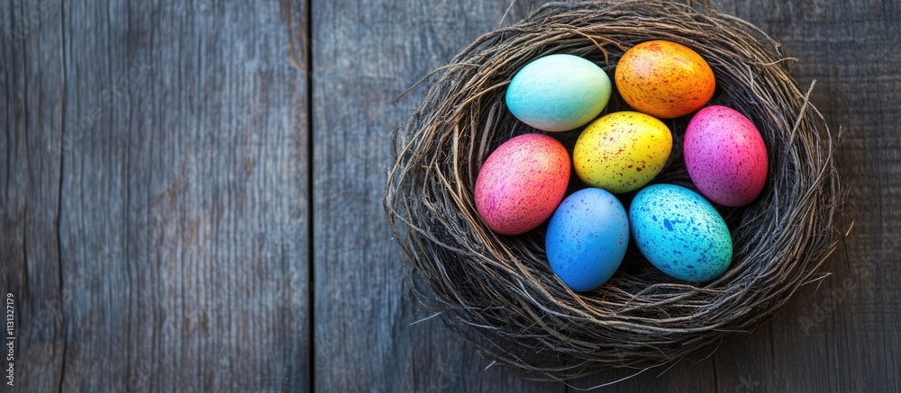 Poster colorful easter eggs nestled in a rustic nest on a weathered wooden surface celebrating spring and f