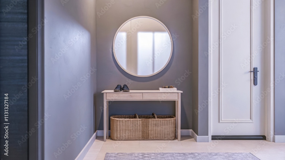 Poster a peaceful entryway showcasing soft greengray walls a simple console table in light wood and a large