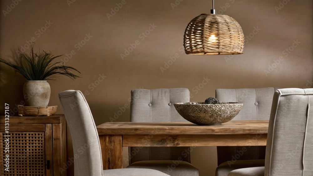 Poster an inviting dining area with a soft sandcolored accent wall a rustic wooden table surrounded by ligh